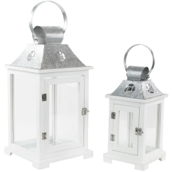 NORTHLIGHT Wooden Candle Lanterns With Galvanized Metal Tops - 19.5" - - Set Of 2 In White