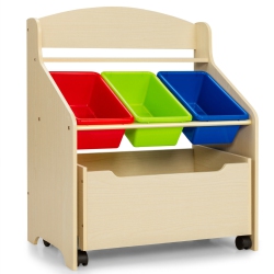 SLICKBLUE Kids Wooden Toy Storage Unit Organizer With Rolling Toy Box And Plastic Bins-Natural