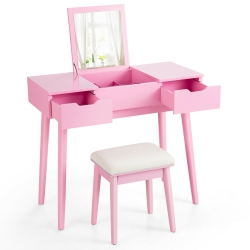 SLICKBLUE Makeup Vanity Table Set With Flip Top Mirror And 2 Drawers-Pink
