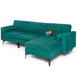 COSTWAY Modular L-Shaped Sectional Sofa USB Sofa W/ Reversible Chaise & 2 USB Ports In Teal