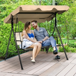 GYMAX Outdoor Swing Canopy Patio Swing Chair 3 Person Canopy Hammock In Brown