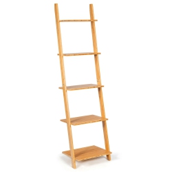 SLICKBLUE 5-Tier Ladder Shelf Modern Bamboo Leaning Bookshelf Ladder Bookcase