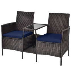 TOPBUY Patiojoy Patio Loveseat 2 Person Cushioned Seats With Center Table Outdoor Rattan Furniture Set Turquoise/ In Red