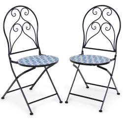 TOPBUY Patiojoy 2PCs Outdoor Mosaic Folding Bistro Chairs Patio Chairs With Ceramic Tiles Seat And Exquisite Floral Pattern