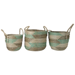 NORTHLIGHT Natural Woven Seagrass Basket - Teal, Black And - Set Of 3 In White