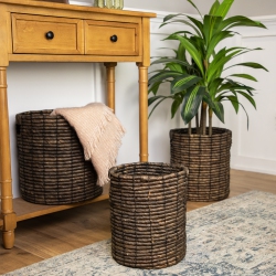 NORTHLIGHT Natural Woven Table And Floor Cylindrical Seagrass Baskets - - Set Of 3 In Dark Brown