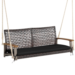 COSTWAY 2-Person Patio Rattan Hanging Swing Chair Porch Loveseat Cushion