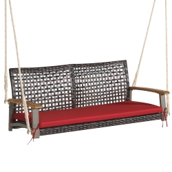 COSTWAY 2-Person Patio Rattan Hanging Swing Chair Porch Loveseat Cushion