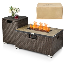 COSTWAY 32"x 20" Propane Rattan Fire Pit Table Set With Side Table Tank & Cover 40, 000 Btu