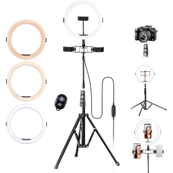 DOLAER Strong Ring Light With Stand, 3 Phone Holders, Remote Control, Dimmable Ring Light (10' Carry With 95' Light Stand)