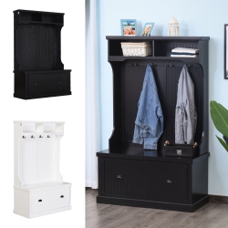 HOMCOM 3-In-1 Hall Tree Open Wardrobe W/ Shoe Cabinet Bench 4 Hooks 2 Shelves In White