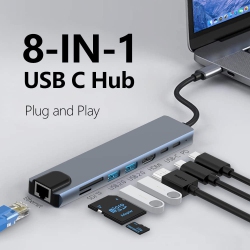 TEDLIN USB-C Hub 8-In-1 Type-C 3.1 With 4K HDMI Rj45 Sd/tf Card Reader Pd Fast Charge for Macbook Notebook Laptop Surface PC