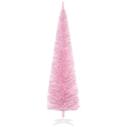 HOMCOM 7' Pencil Christmas Tree, Slim Artificial Xmas Tree With Realistic Branches, Sturdy Stand In Pink