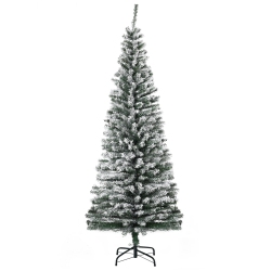 HOMCOM 6Ft Snow Flocked Pencil Christmas Tree, Artificial Slim Xmas Tree With Realistic Branch Tips, Folding Metal Stand In Green