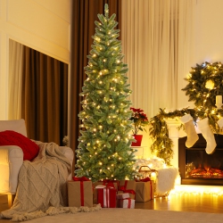 GYMAX 7.5Ft Hinged Pre-Lit Christmas Slim Pencil Tree W/ 10 Lighting Modes & 796 Tips