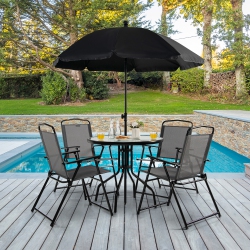 GYMAX 6PCs Patio Garden Dining Set W/ Round Table & 4 Folding Chairs & Tiltable Umbrella