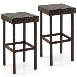 GYMAX Patio 2 PCs Rattan Wicker Bar Stool Chairs Counter Height Barstools