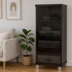 CORLIVING Holland Wooden Media Storage Cabinet With Doors, DVD And CD Display Shelves In Black