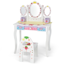 COSTWAY Kids Vanity Princess Makeup Dressing Table Chair Set W/ Tri-Fold Mirror In White