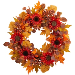 NEARLY NATURAL 30" Fall Acorn/sunflower/berries And Autumn Foliage Artificial Wreath In In Orange