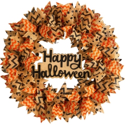 NEARLY NATURAL 30" Spooky Halloween Burlap Ribbon Wreath In In Orange