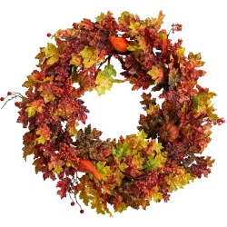 NEARLY NATURAL 32" Autumn Oak Leaf/berries And Pumpkin Artificial Autumn Wreath In In Orange