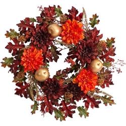 NEARLY NATURAL 24" Fall Dahlia/golden Apple/oak Leaf/berries Autumn Artificial Wreath In In Orange
