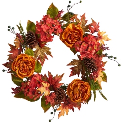 NEARLY NATURAL 25" Fall Ranunculus/hydrangea And Berries Autumn Artificial Wreath In In Orange