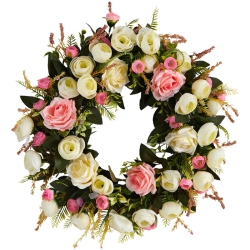NEARLY NATURAL 20" Silk Roses Artificial Wreath In & Pink In White