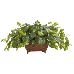 NEARLY NATURAL Pothos Artificial Plant In Metal Planter In Green/brown