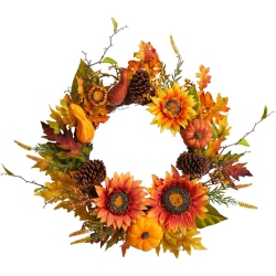 NEARLY NATURAL 24" Fall Sunflower/pumpkin/gourds/pinecone/berries Artificial Wreath In In Orange