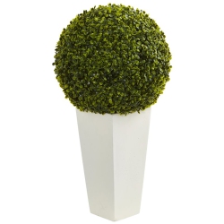 NEARLY NATURAL Indoor/outdoor 28" Boxwood Topiary Ball Artificial Plant Tower Planter In In White