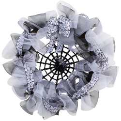 NEARLY NATURAL 26" Halloween Spider Web Mesh Wreath With Decorative Bows - In Black
