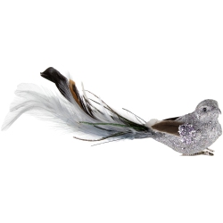 NORTHLIGHT Glitter Bird With Clip And Feather Tail Christmas Ornament - 8" - In Silver