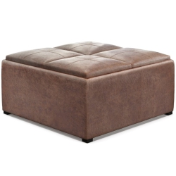 SIMPLI HOME Avalon 35" Square Faux Leather Coffee Table Ottoman In Umber In Brown