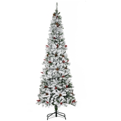 HOMCOM 7.5 Ft Pencil Snow Flocked Artificial Christmas Tree With Pine Realistic Branches, Pine Cones Berries, Auto Open, Green In Red