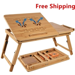 PRIMECABLES Bamboo Laptop Desk Bed Table Tray \w USB Cooling Fan, Adjustable Height And Tilt Laptop Stand Foldable Breakfast Table Fits Up to 15.6