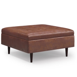 SIMPLI HOME Shay 38 In.w Large Coffee Table Ottoman In Distressed Saddle Faux Leather In Brown