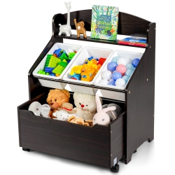 COSTWAY Kids Wooden Toy Storage Unit Organizer W/rolling Toy Box & Plastic Bins