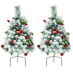 COSTWAY Set Of 2 24In Battery Powered Pre-Lit Pathway Flocked Christmas Trees Outdoor