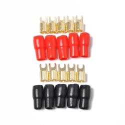 DOLAER 5 Pairs Copper Plated 4 Gauge Strip Spade Terminal Spade Fork Adapters Connectors Plugs Crimp Barrier Spades for Speaker Wire Cable Terminal
