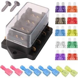 DOLAER 4 Way Car Standard Blade Fuse Holder Box (Apply to 1~40 Amp), \w 10PCs Blade Fuse (3A/5A/7.5A/10A/15A/20A/25A/30A/35A/40A) And 8PCs Terminals
