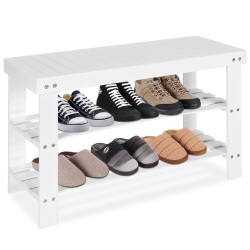 COSTWAY Bamboo Shoe Rack Bench 3-Tier Storage Shelf Holder Home Entryway Hallway In White
