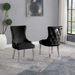 QUEENSONS Royal Velvet Dining Chairs (Set Of 2) - Black, Lion Back Knocker, Button Tufted Upholstered Legs And Finish In Silver