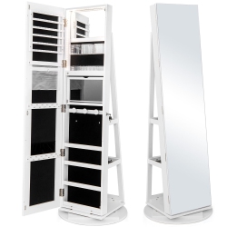GYMAX 360°Rotating Mirrored Jewelry Cabinet W/ High Mirror & Storage Shelves