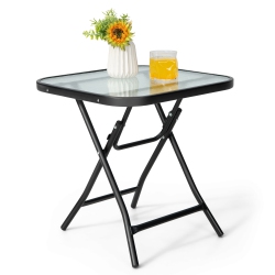 GYMAX 18" Foldable Patio Side Table Square Coffee Bistro Table W/ Tempered Glass Table Top