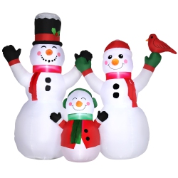 OUTSUNNY Inflatable Christmas Decoration Snowman Family With A Bird, Blow-Up Outdoor Led Display for Yard, Lawn, Garden, Party In Red