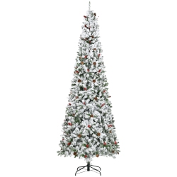 HOMCOM 9 Ft Pencil Snow Flocked Artificial Christmas Tree With Pine Realistic Branches, Pine Cones Berries, Auto Open, Green In Red