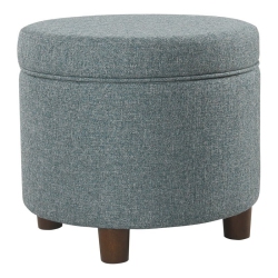HOMEPOP Round Transitional Wood And Fabric Storage Ottoman In Teal Tweed In Blue