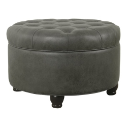 HOMEPOP Round Traditional Wood And Faux Leather Large Storage Ottoman In In Gray